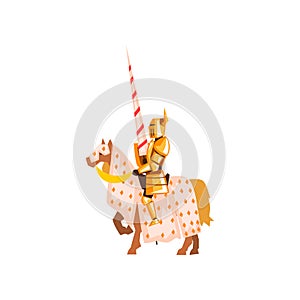 Medieval knight riding horse holding lance. Brave warrior in golden armor. Flat vector design for poster or postcard
