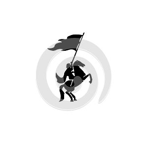 Medieval knight riding a horse, horseback soldier, paladin with sword and flying cloak black vector logo icon illustration