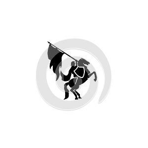 Medieval knight riding a horse, horseback soldier, paladin with sword and flying cloak black vector logo icon illustration