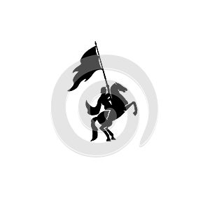 Medieval knight riding a horse, horseback soldier, paladin with sword and flying cloak black vector logo icon illustration