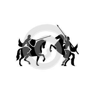 Medieval knight riding a horse, horseback soldier, paladin with sword and flying cloak black vector logo icon illustration