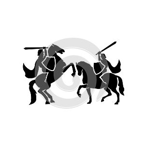 Medieval knight riding a horse, horseback soldier, paladin with sword and flying cloak black vector logo icon illustration