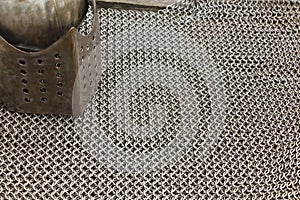 Medieval knight`s armor mail frame. Texture of chainmail of a medieval armor knight, Pattern, background, closeup