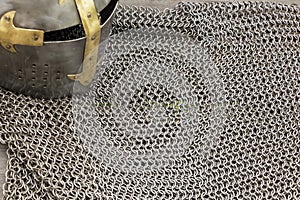 Medieval knight`s armor mail frame. Texture of chainmail of a medieval armor knight, Pattern, background, closeup