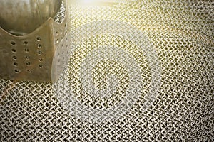 Medieval knight`s armor mail frame. Texture of chainmail of a medieval armor knight, Pattern, background, closeup