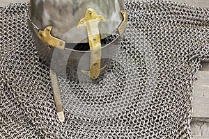 Medieval knight`s armor mail frame. Texture of chainmail of a medieval armor knight, Pattern, background, closeup, detail.