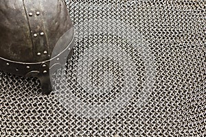 Medieval knight`s armor mail frame. Texture of chainmail of a medieval armor knight, Pattern, background, closeup, detail.