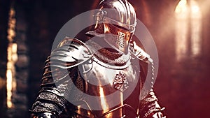 Medieval knight in shiny armor in castle interior