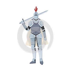 Medieval knight standing in armor, cloak and helmet with red feather. Warrior of Middle Ages holding sword over his