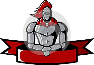 Medieval knight in steel armor rests on a red ribbon