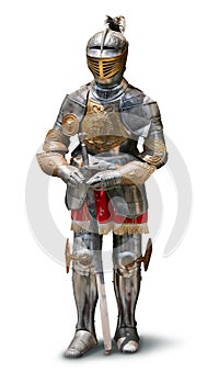 Medieval knight with sword in heavy armor harness