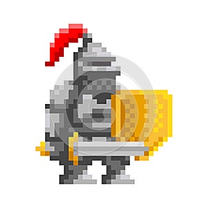 Medieval knight with sword and shield pixel art. Retro video-game character. Cartoon vector illustration.