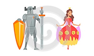 Medieval Knight with Sword and Shield and Princess with Golden Crown on Her Head Vector Set