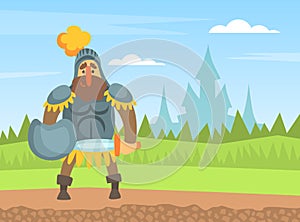 Medieval Knight Warrior in Armour Standing on Nature Landscape with Sword and Shield Cartoon Vector Illustration