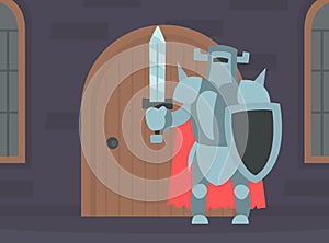 Medieval Knight Warrior in Full Body Armour in Medieval Castle Interior Cartoon Vector Illustration