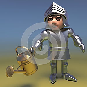 Medieval knight watering his plants before leaving on the crusade, 3d illustration