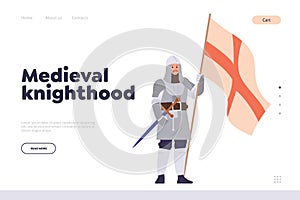 Medieval knighthood landing page design template knight heraldic soldier with sword and flag