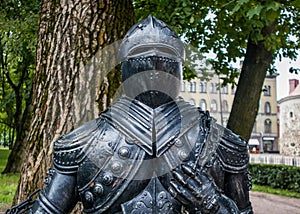 Medieval knightly armor in the city park of Vyborg