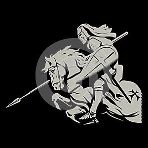 Medieval Knightly Design. Knight Crusader on a war horse with shield and spear