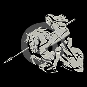 Medieval Knightly Design. Knight Crusader on a war horse with shield and spear photo