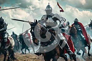 Medieval knights in armor clashing on horseback in battle