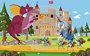 Medieval knights fighting with ancient dragon