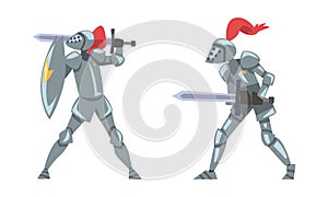 Medieval knights in full body armours fighting with swords vector illustration