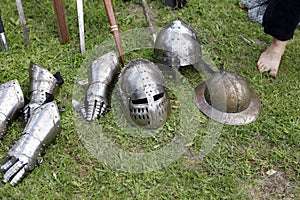 Medieval knights helmets and gloves
