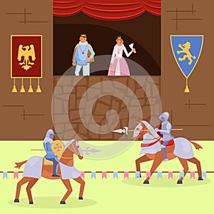 Medieval knights joust vector flat illustration