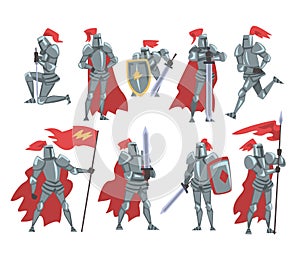 Medieval Knights Set, Chivalry Warrior Characters in Full Metal Body Armor with Weapon Cartoon Style Vector Illustration photo