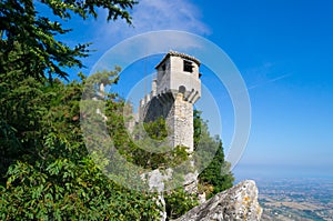 Medieval La Cesta tower of Mount Titan in San Marino. Italy. photo