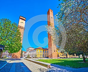 Medieval landmarks on Piazza Leonardo da Vinci in Pavia, Italy