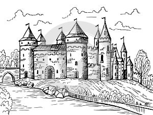 Medieval landscape. Gothic ancient buildings with big fortress fantasy historical houses from stones recent vector