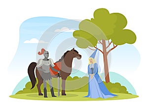 Medieval Life Scene with Man Knight from Middle Ages in Iron Armour Suit and Noble Court Lady Vector Illustration