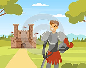 Medieval Life Scene with Man Knight from Middle Ages in Iron Armour Suit and Sword Near Stone Castle Vector Illustration