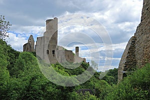 Medieval Loewenburg Castle Ruin from nearby Philippsburg Castle above the Town of Monreal, Rhineland-Palatinate, Germany