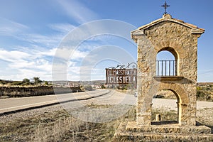 Medieval looking stone made signpost indicating El Maestrazgo Iglesuela del Cid, province of Teruel, Aragon, Spain