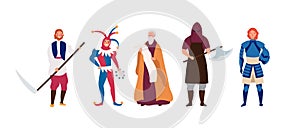 Medieval male characters flat vector illustrations set. Cartoon executioner, peasant, herald, brave knight and happy