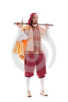 Medieval man knight with long hair and sword