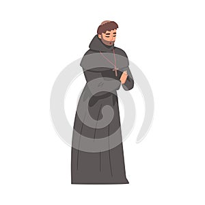 Medieval Man Priest or Monk Wearing Hooded Gown Praying Vector Illustration photo