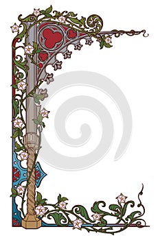 Medieval manuscript style rectangular frame. Gothic style pointed arch braided with a rose garlands. Vertical photo