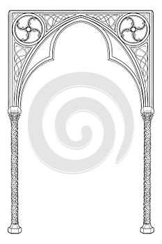 Medieval manuscript style rectangular frame. Gothic style pointed arch. photo