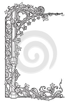 Medieval manuscript style rectangular frame. Gothic style pointed arch braided with a rose garlands. Vertical