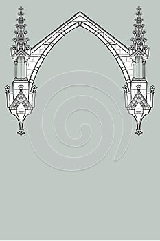 Medieval manuscript style rectangular frame. Gothic style pointed arch formed with flying buttresses.