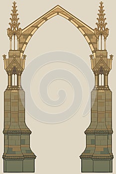 Medieval manuscript style rectangular frame. Gothic style pointed arch formed with flying buttresses.