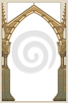 Medieval manuscript style rectangular frame. Gothic style pointed arch formed with flying buttresses.