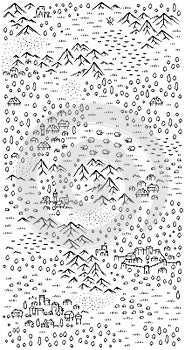 Medieval map vertical size. Middle Ages kingdom map for board game. Hand drawn vector on a white background.