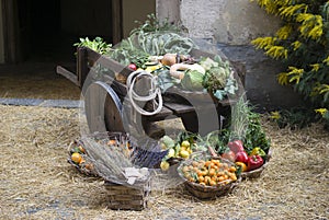 Medieval market stall selling fruit