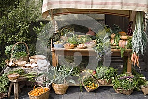 Medieval market stall selling fruit