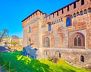 The medieval masterpiece in Milan, Castello Sforzesco Sforza`s Castle, Italy